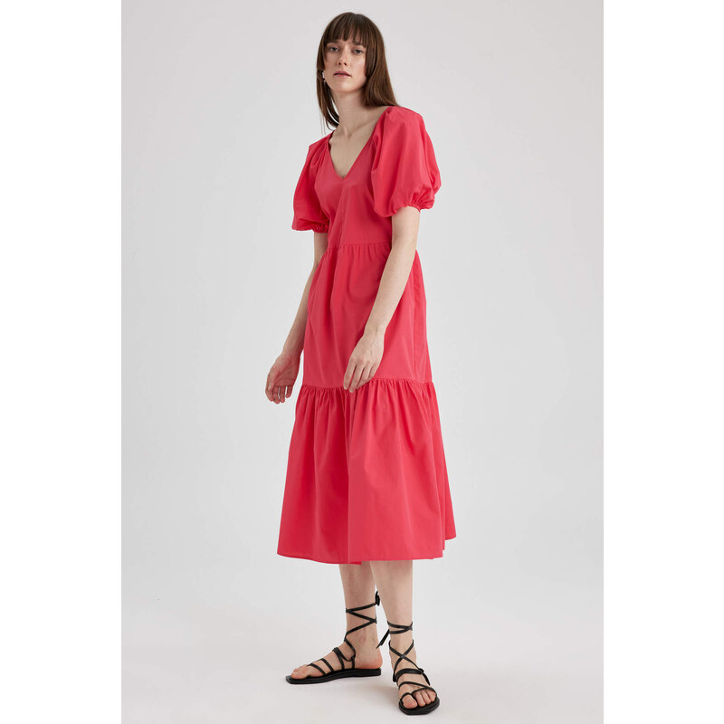 DEFACTO V-Neck Poplin Raglan Sleeve Midi Dress