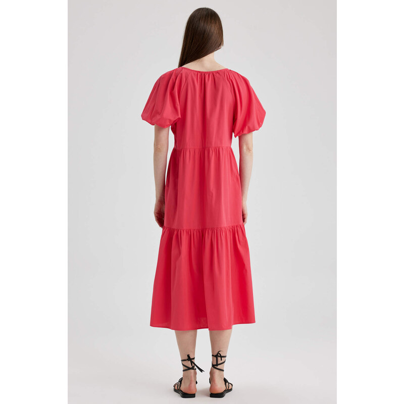 DEFACTO V-Neck Poplin Raglan Sleeve Midi Dress