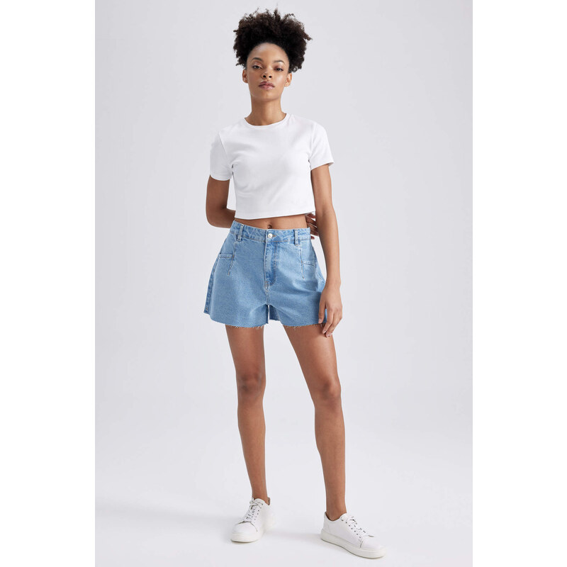 DEFACTO Mom Fit High Waist Cropped Cut High Leg Jean Shorts