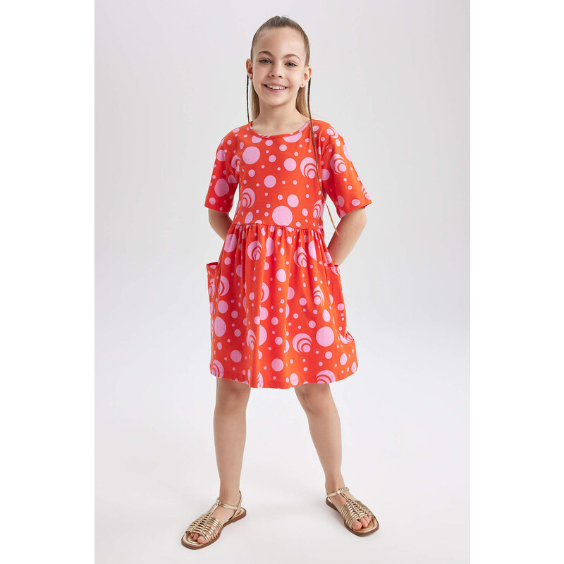 DEFACTO Girl Patterned Short Sleeve Combed Cotton Dress