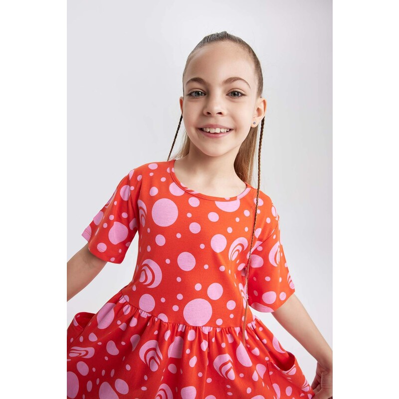 DEFACTO Girl Patterned Short Sleeve Combed Cotton Dress