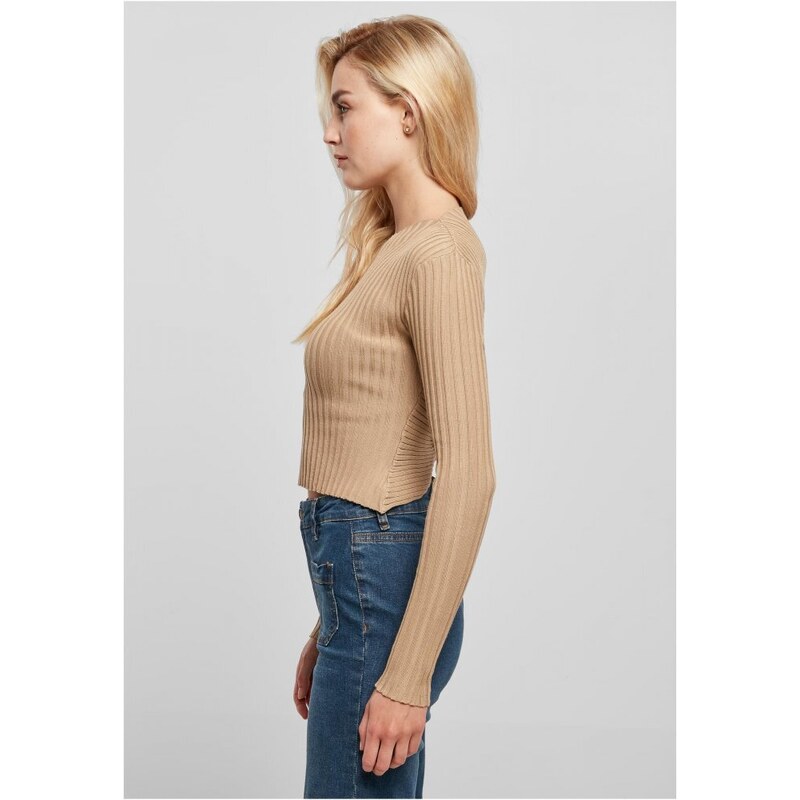 URBAN CLASSICS Ladies Cropped Rib Knit Twisted Back Sweater - unionbeige