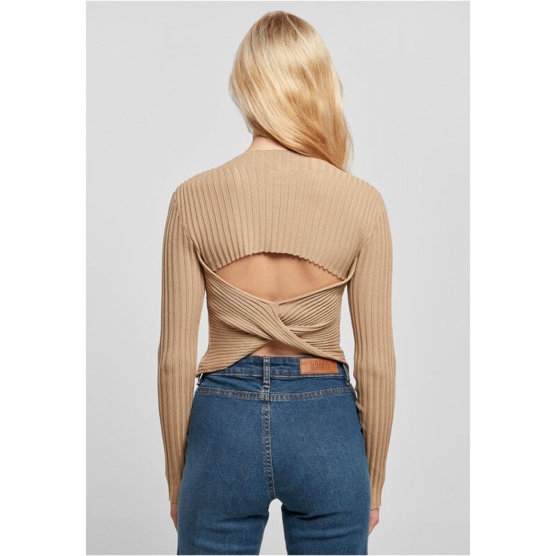 URBAN CLASSICS Ladies Cropped Rib Knit Twisted Back Sweater - unionbeige