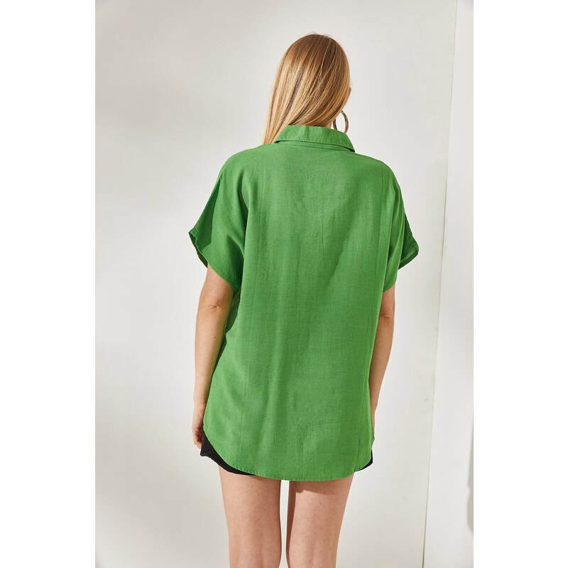 Olalook Women's Peanut Green Bat Oversize Linen Shirt
