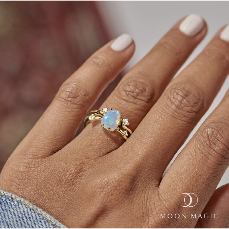 Sylviene Magic Pozlacený prsten Raw Flow Hydrophane Opál a Safíry