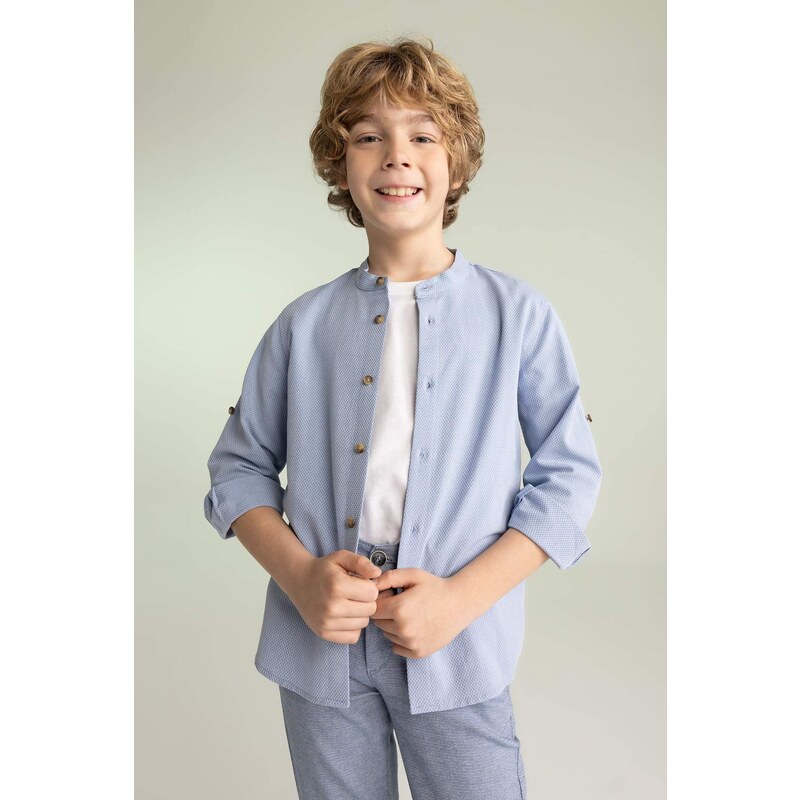 DEFACTO Boy Stand Collar Cotton Long Sleeve Shirt