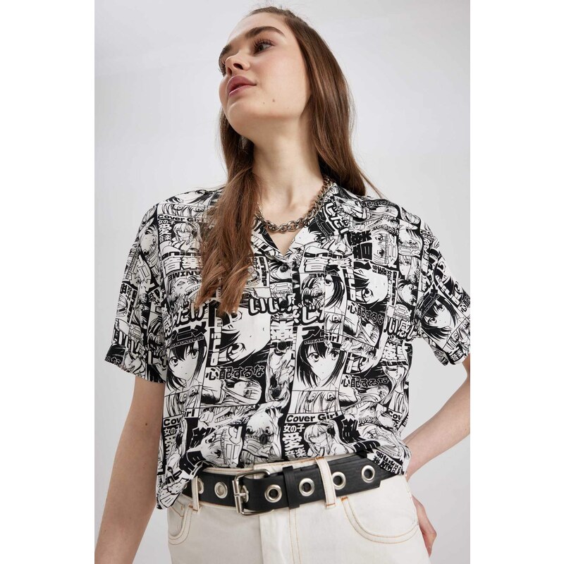 DEFACTO Coool Regular Fit Pajama Collar Printed Short Sleeve Shirt