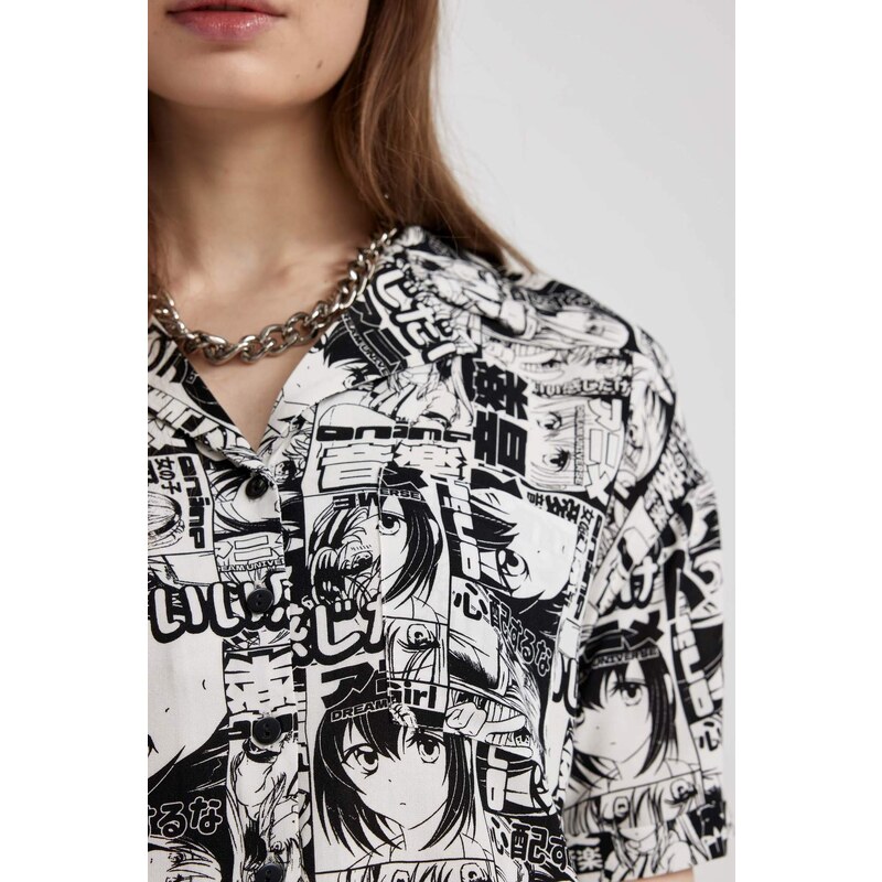 DEFACTO Coool Regular Fit Pajama Collar Printed Short Sleeve Shirt