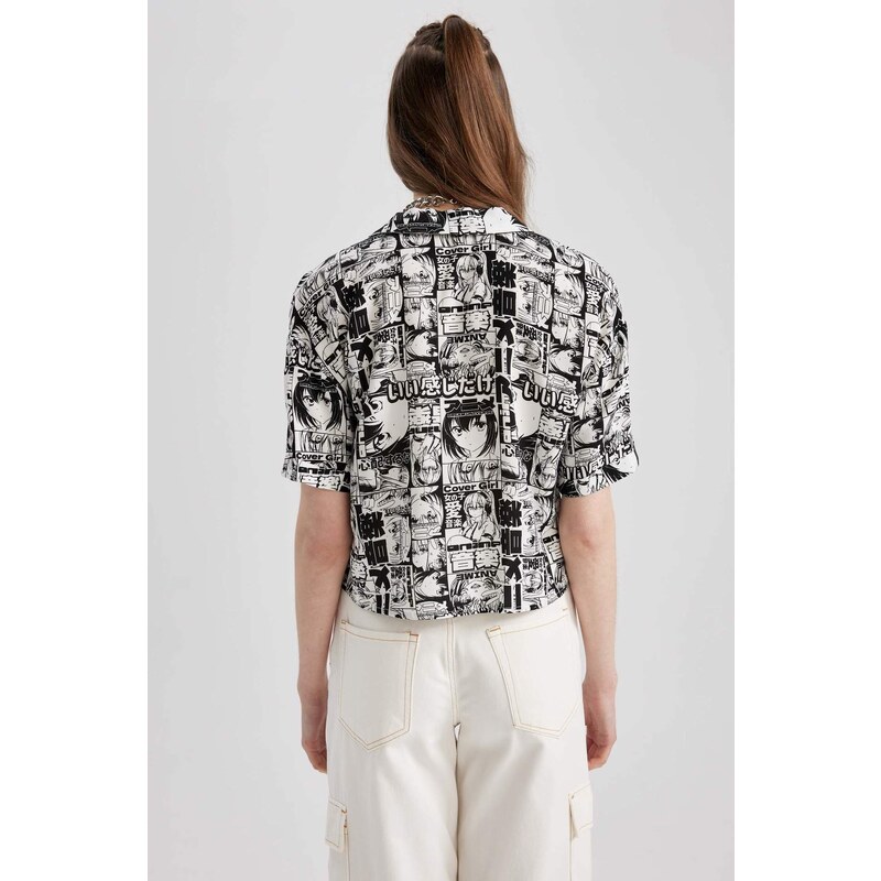 DEFACTO Coool Regular Fit Pajama Collar Printed Short Sleeve Shirt