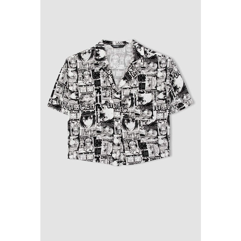 DEFACTO Coool Regular Fit Pajama Collar Printed Short Sleeve Shirt
