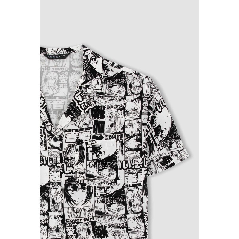 DEFACTO Coool Regular Fit Pajama Collar Printed Short Sleeve Shirt