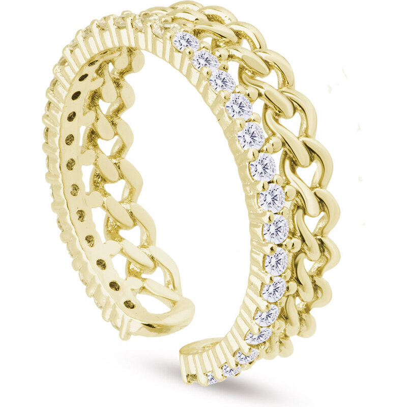 Biju Pozlacený dámský prsten 14k zlatem - nastavitelný, pletený s čirým pásem zirkonů 4000339