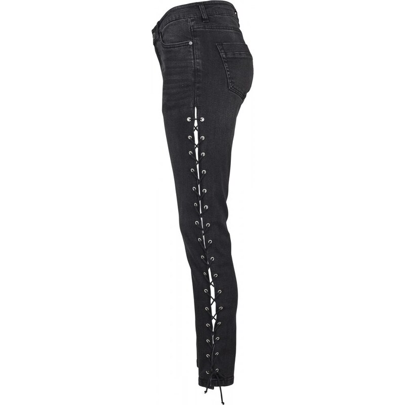 URBAN CLASSICS Ladies Denim Lace Up Skinny Pants - black washed