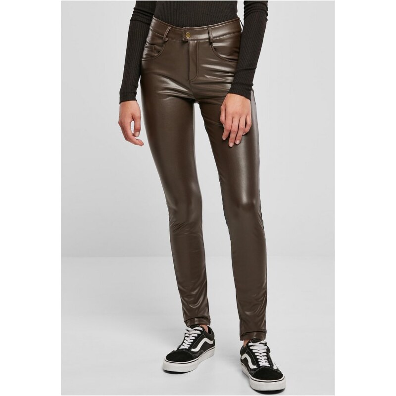 URBAN CLASSICS Ladies Mid Waist Synthetic Leather Pants - brown