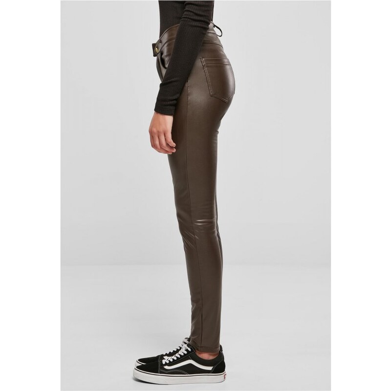 URBAN CLASSICS Ladies Mid Waist Synthetic Leather Pants - brown