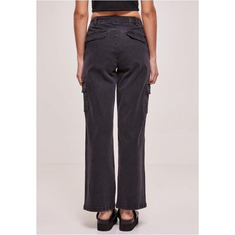 URBAN CLASSICS Ladies High Waist Straight Denim Cargo Pants - black washed