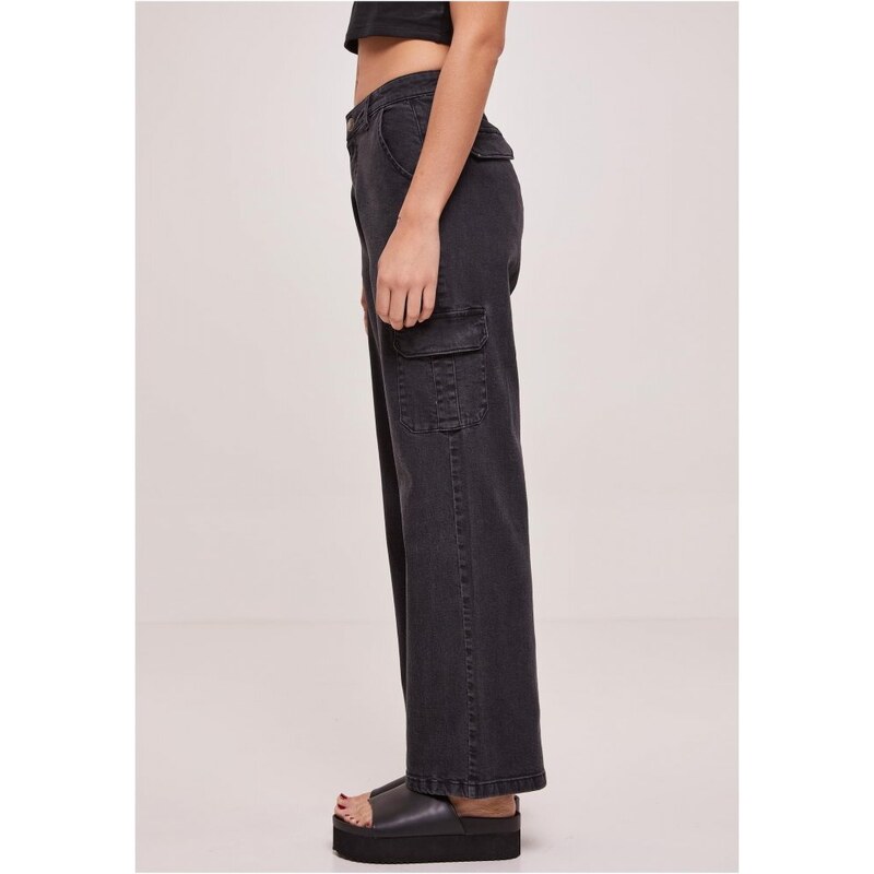 URBAN CLASSICS Ladies High Waist Straight Denim Cargo Pants - black washed