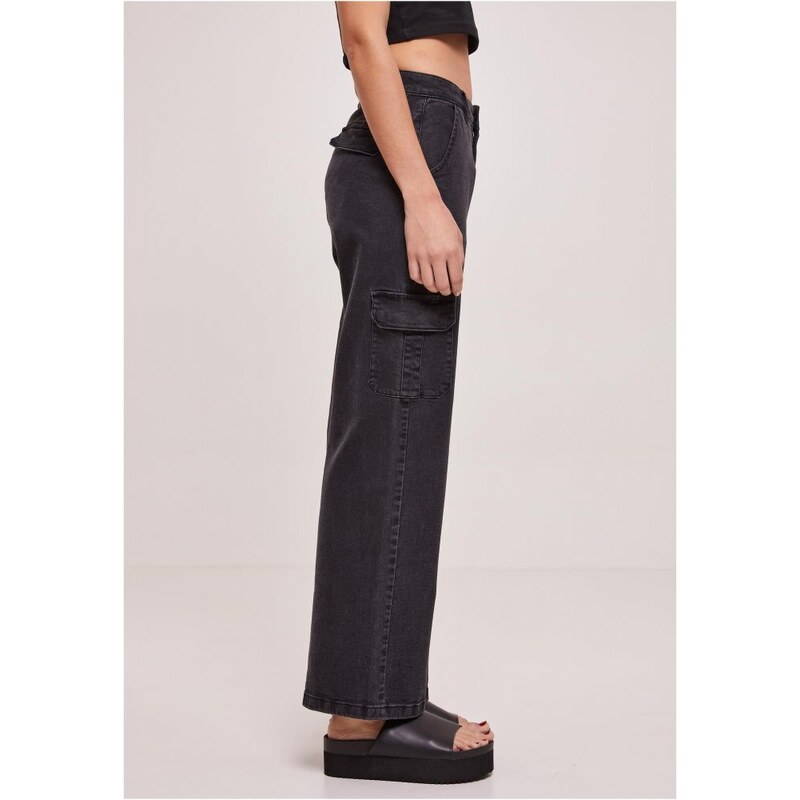 URBAN CLASSICS Ladies High Waist Straight Denim Cargo Pants - black washed