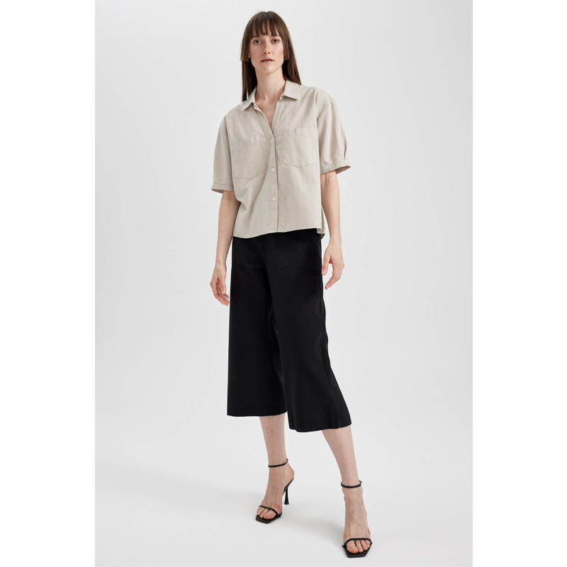 DEFACTO Short Wide Leg High Waist Wide Leg Linen Blend Capri