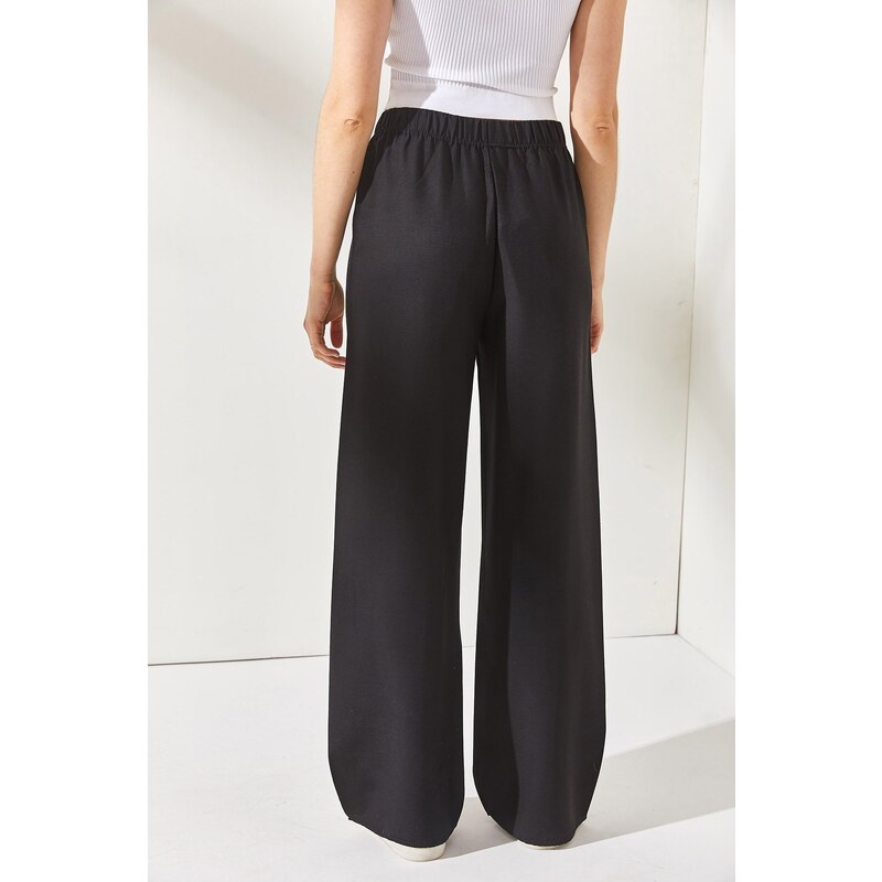 Olalook Women's Black Elastic Waist and Lace Palazzo Linen Pants