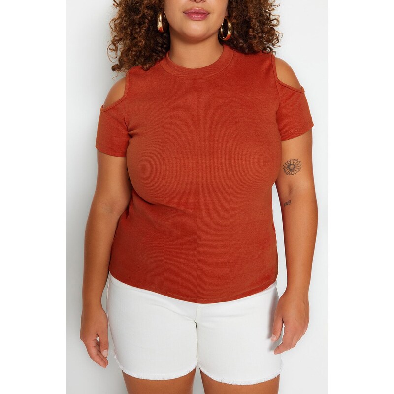 Trendyol Curve Cinnamon Corduroy Knitted Cut Out Detailed Blouse
