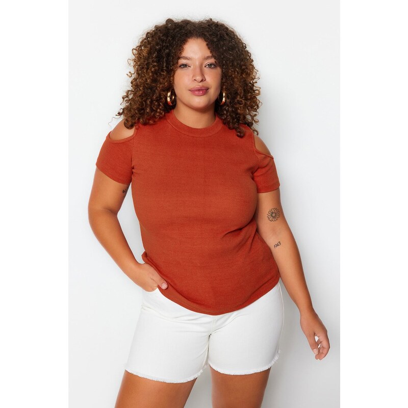 Trendyol Curve Cinnamon Corduroy Knitted Cut Out Detailed Blouse