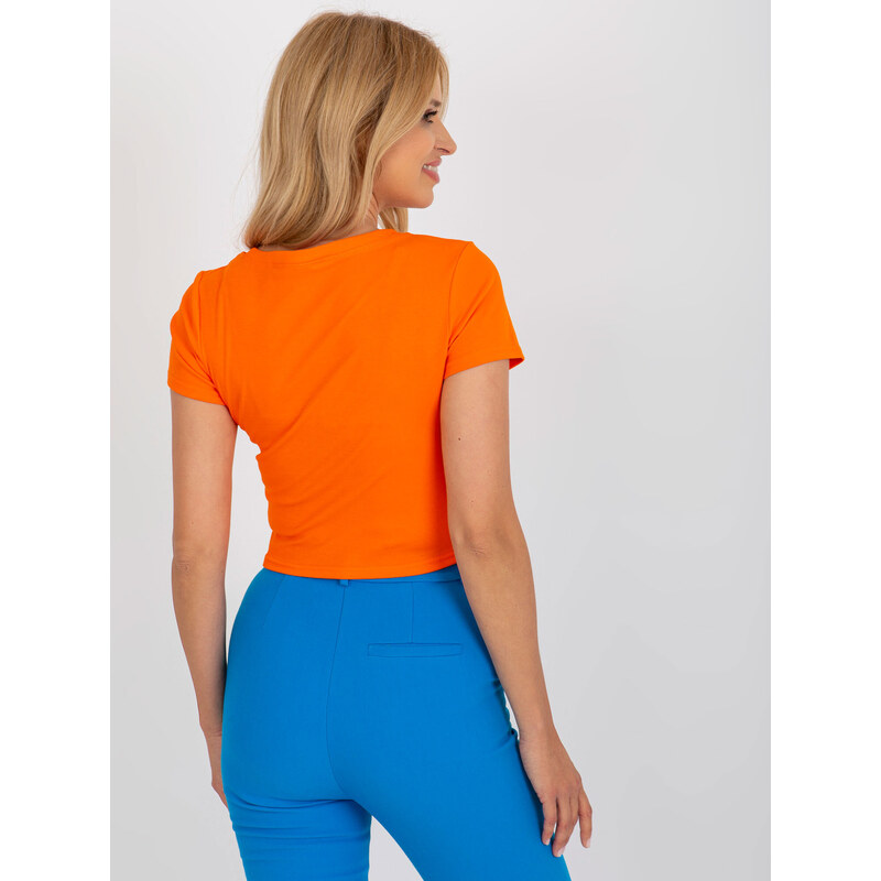 Fashionhunters Krátké oranžové tričko s kamínkovou aplikací