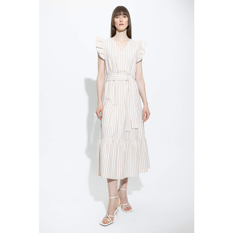 DEFACTO Wrap Collar Striped Linen Look Butterfly Sleeve Midi Short Sleeve Dress