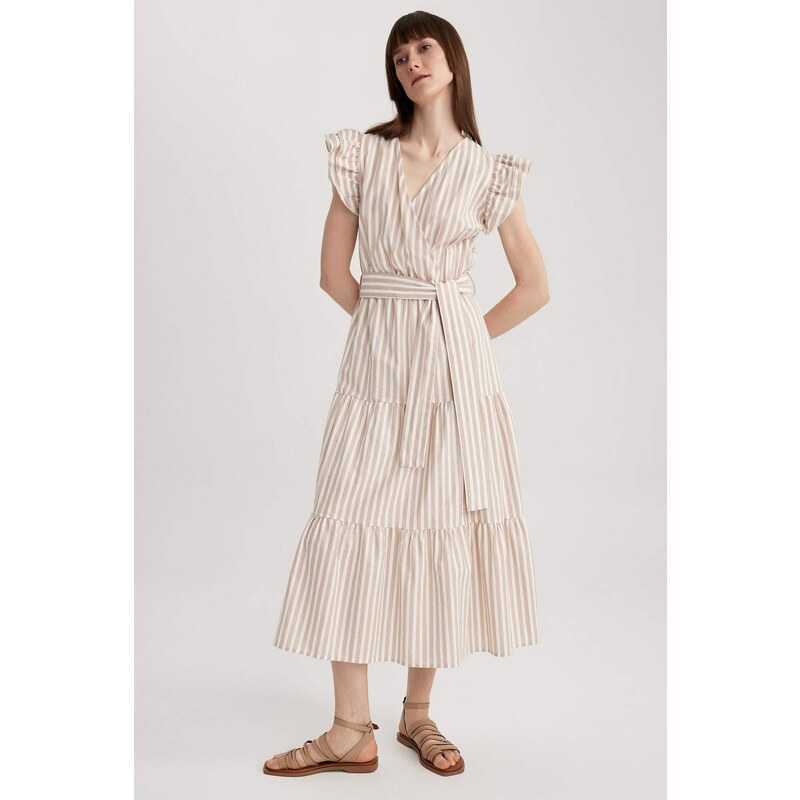 DEFACTO Wrap Collar Striped Linen Look Butterfly Sleeve Midi Short Sleeve Dress