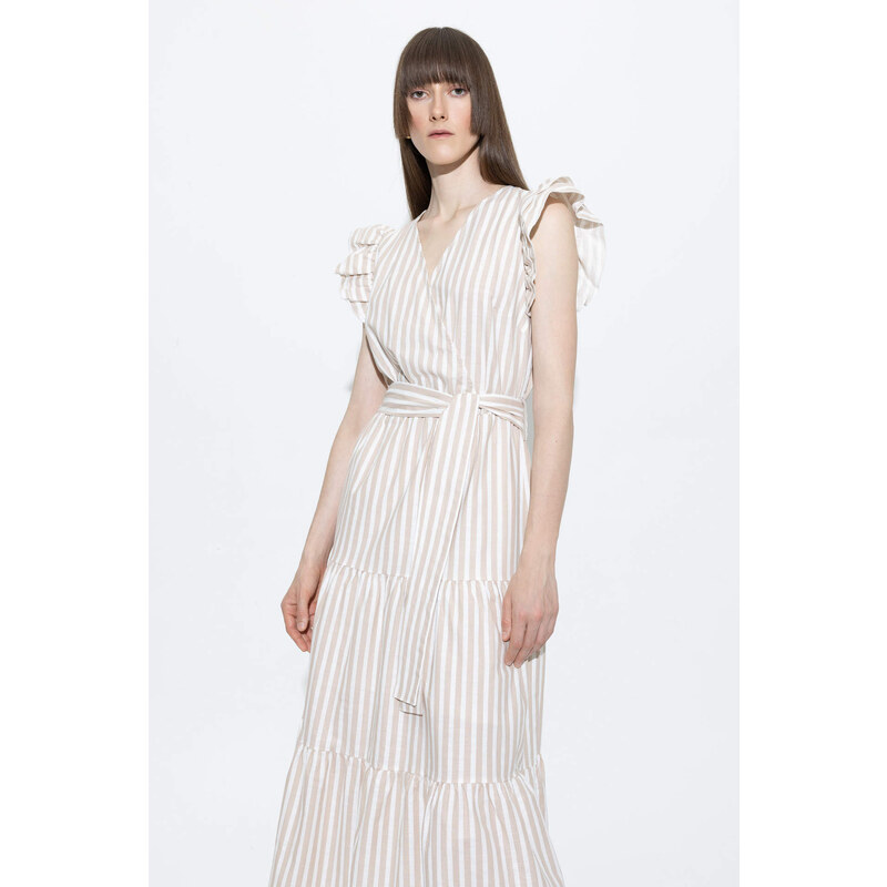 DEFACTO Wrap Collar Striped Linen Look Butterfly Sleeve Midi Short Sleeve Dress