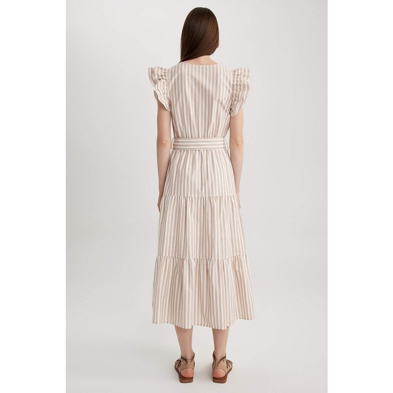 DEFACTO Wrap Collar Striped Linen Look Butterfly Sleeve Midi Short Sleeve Dress