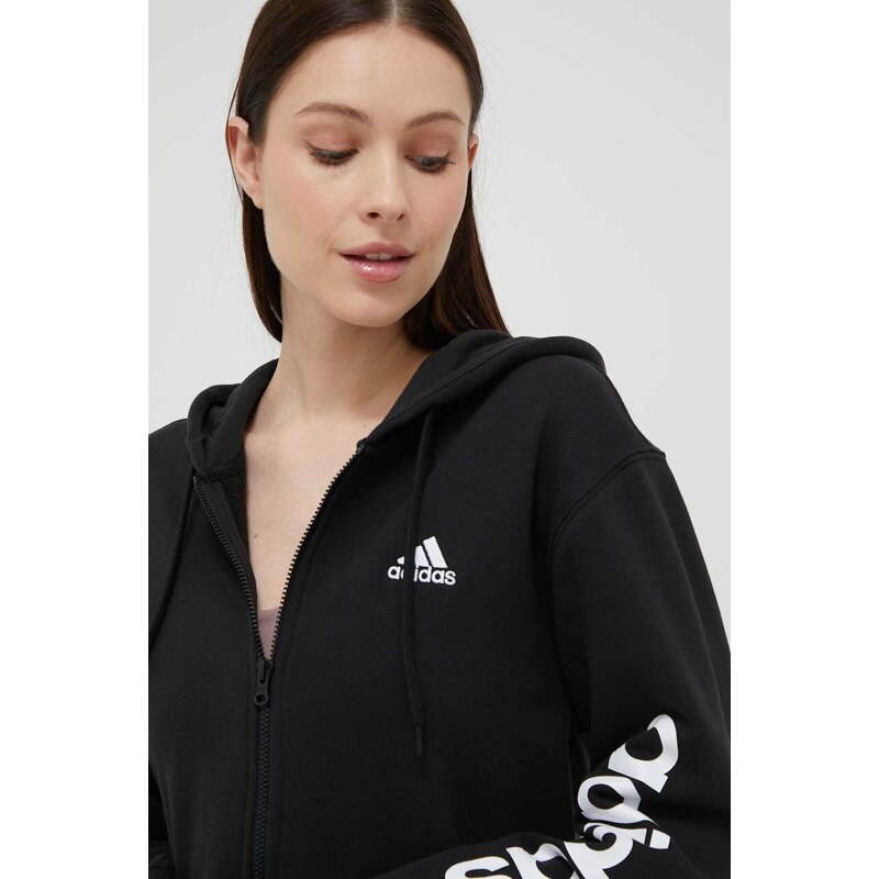 Bavlněná mikina adidas dámská, černá barva, s kapucí, s potiskem