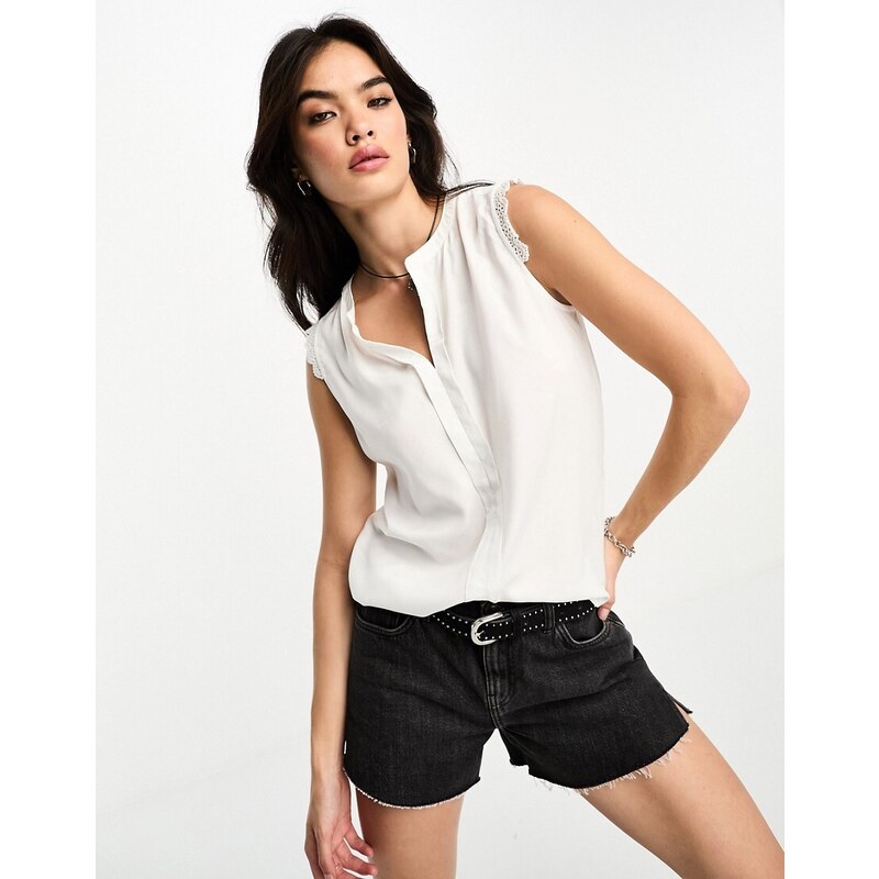 ONLY v neck sleeveless blouse with crochet trim in white