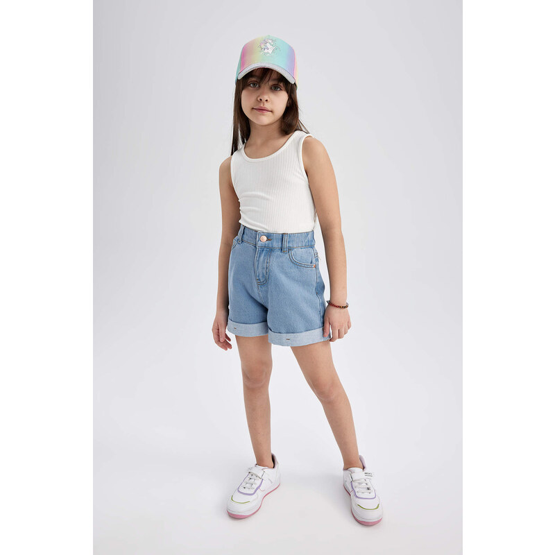 DEFACTO Girl's Mom Fit Flared Detailed Jean Shorts