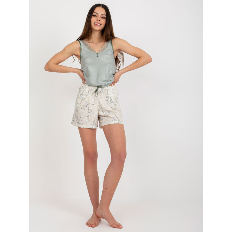 Fashionhunters Khaki žebrované pyžamo s šortkami a topem