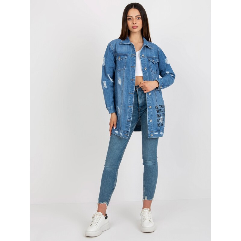 BASIC DŽÍNOVÁ DLOUHÁ BUNDA S POTISKEM -BLUE Denim vzor