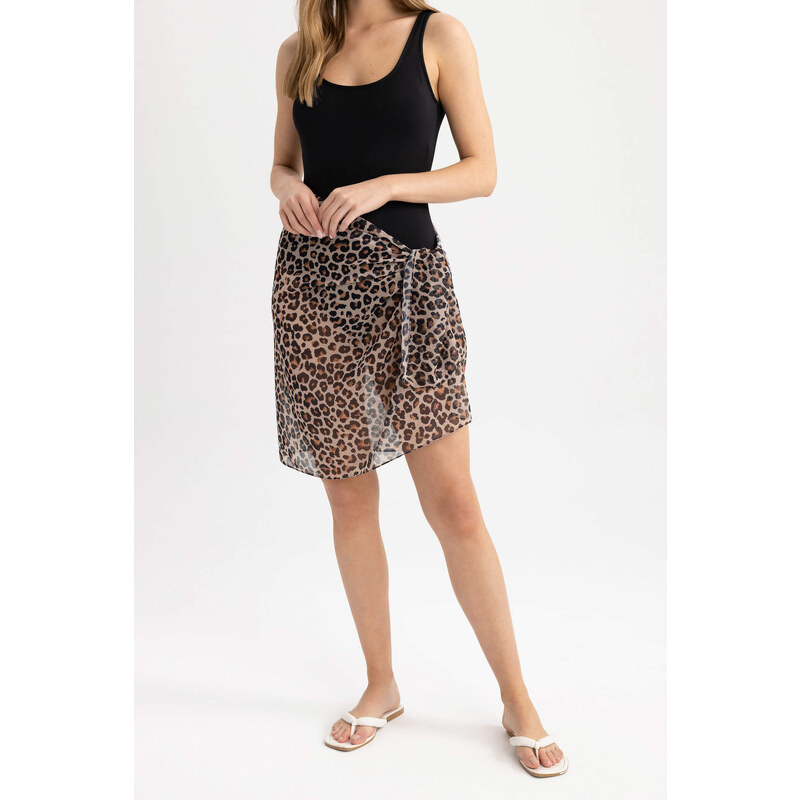 DEFACTO Fall in Love Regular Fit Leopard Patterned Chiffon Pareo with Waist Tie