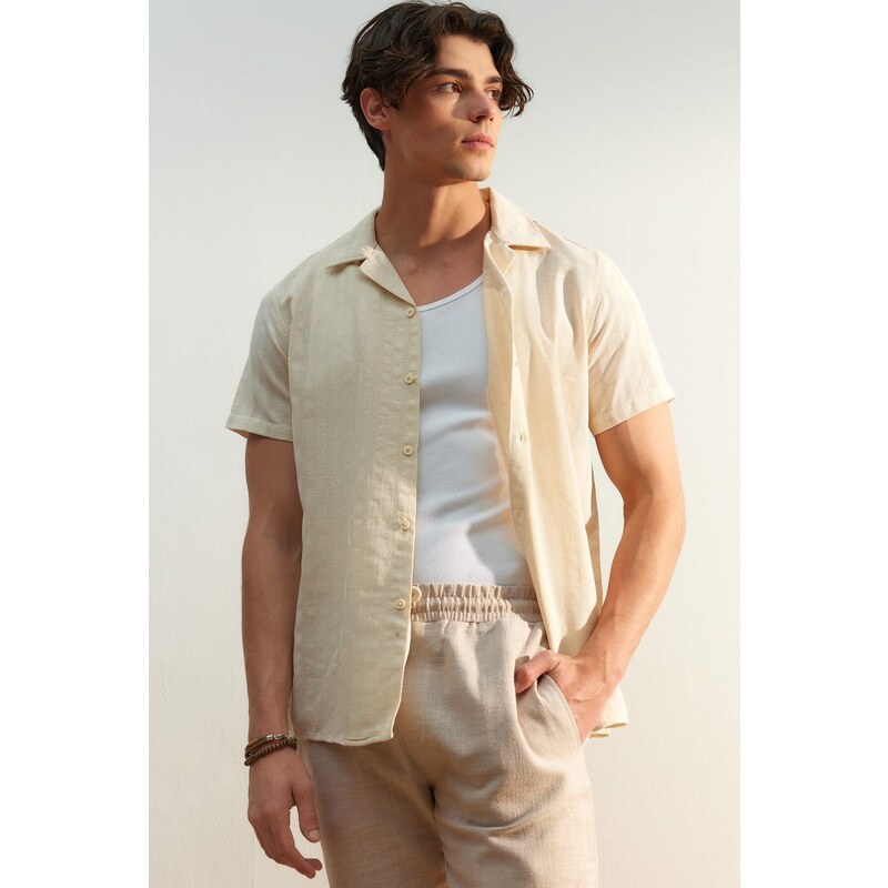 Trendyol Beige Regular Fit Textured Summer Linen Look Shirt