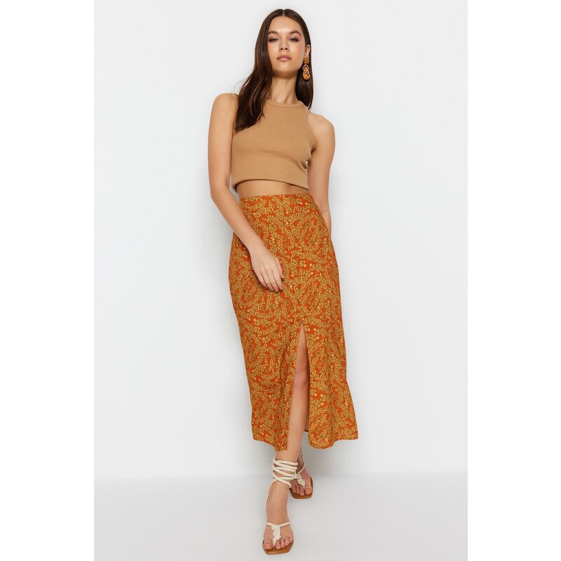 Trendyol Orange Ethnic Patterned Slit Detailed Midi Woven Skirt 107061243