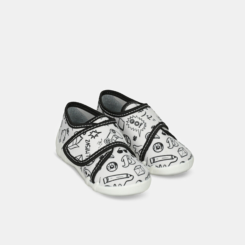 MINI B Bílá dětská obuv na suchý zip s kreslenými obrázky
