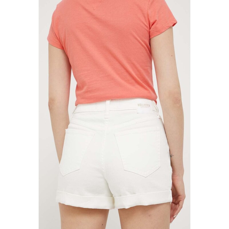 Džínové šortky Hollister Co. CURVY JEANS dámské, bílá barva, s aplikací, high waist