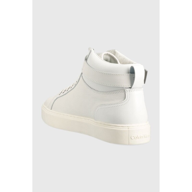Kožené sneakers boty Calvin Klein HIGH TOP LACE UP W/PLAQUE bílá barva, HM0HM00973