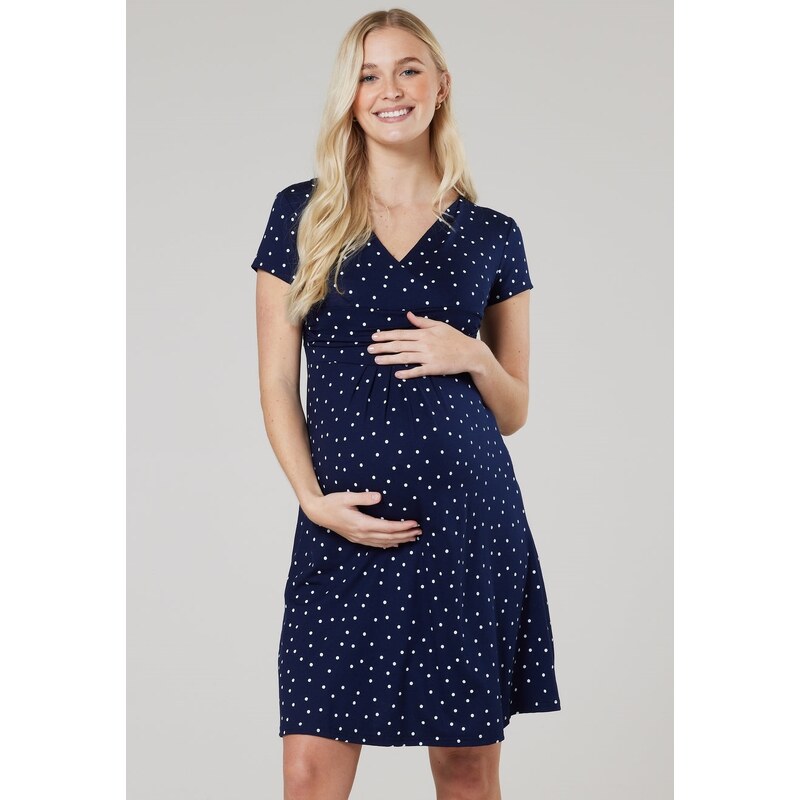 Chelsea Clark Těhotenské a kojící šaty 3v1 Happy Mama tmavě modré s puntíky