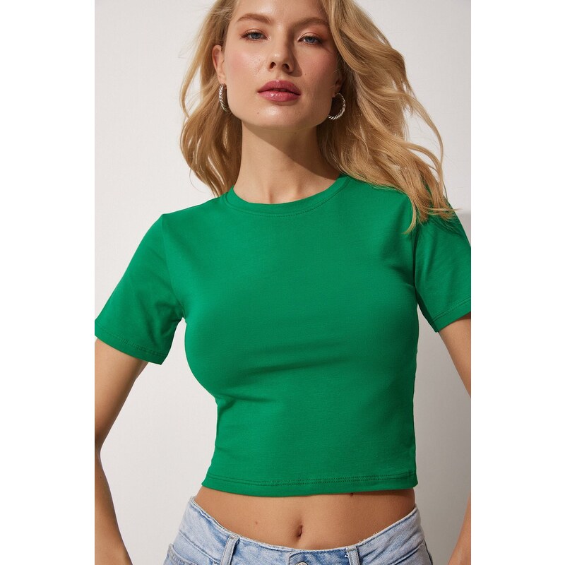 Happiness İstanbul Women's Green Crew Neck Crop T-Shirt