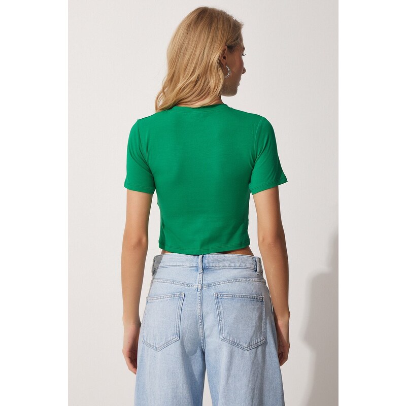 Happiness İstanbul Women's Green Crew Neck Crop T-Shirt