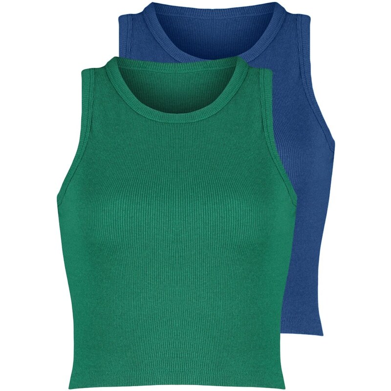 Trendyol Navy Blue-Green 2-Pack Fitted Crop Barbell Neck Ribbed Knitted Undershirt