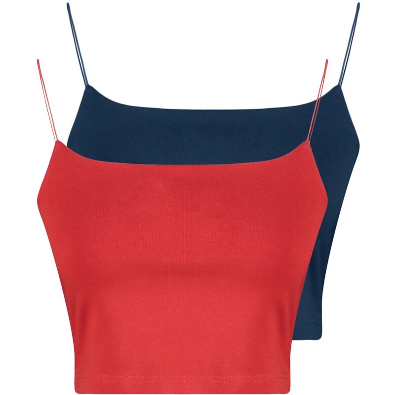 Trendyol Navy Blue-Red 2-Pack Cotton Spaghetti Straps Crop, Stretchy Knit Undershirt