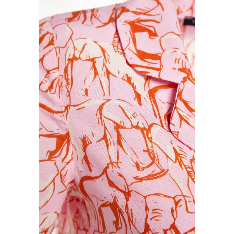 Trendyol Pink Viscose Animal Patterned Shirt-Shorts Woven Pajamas Set