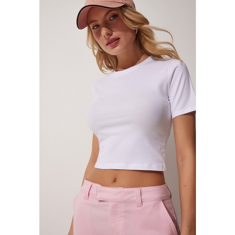 Happiness İstanbul Women's White Crew Neck Crop T-Shirt