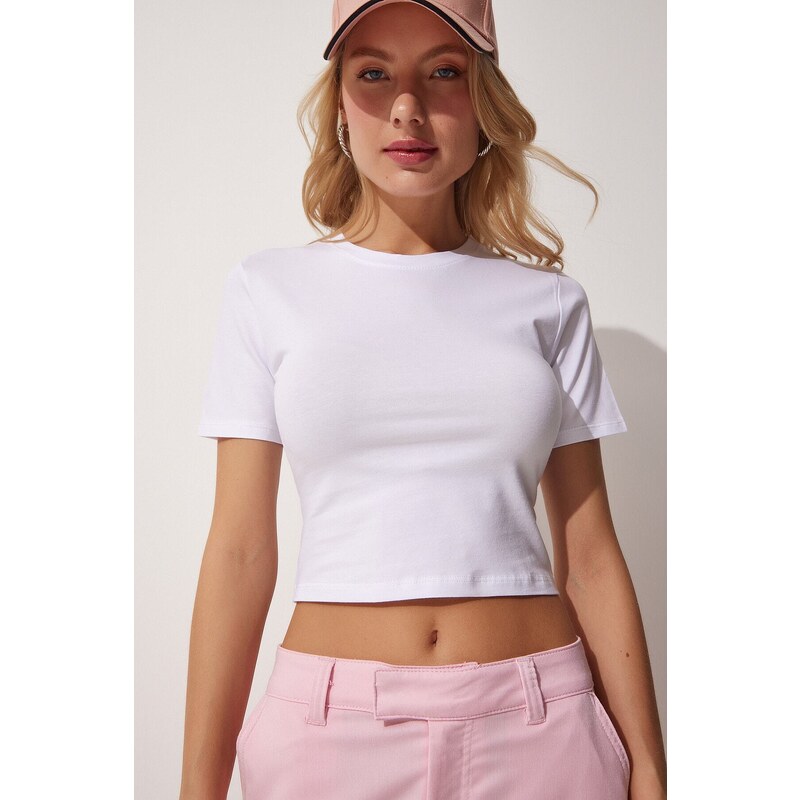 Happiness İstanbul Women's White Crew Neck Crop T-Shirt